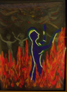 Flames surrounding a blue figure with gray shadow people watching.